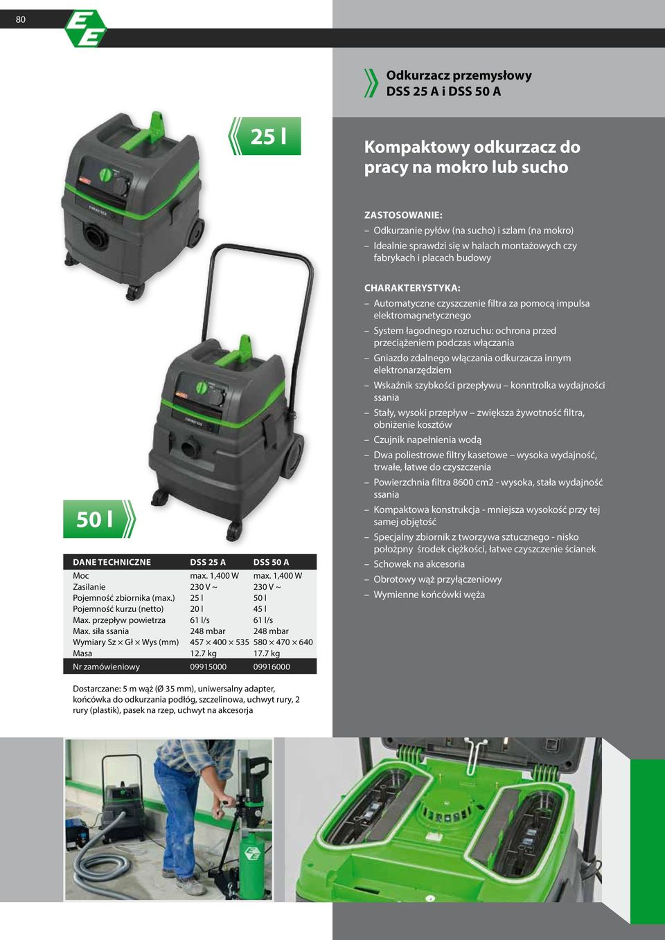 ) 25 l 50 l Pojemność kurzu (netto) 20 l 45 l Max. przepływ powietrza 61 l/s 61 l/s Max. siła ssania 248 mbar 248 mbar Wymiary Sz Gł Wys (mm) 457 400 535 580 470 640 Masa 12.7 kg 17.