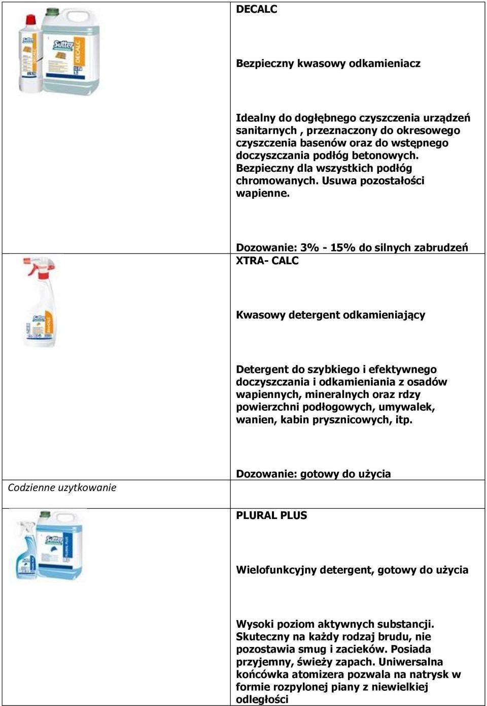 Dozowanie: 3% - 15% do silnych zabrudzeń XTRA- CALC Kwasowy detergent odkamieniający Detergent do szybkiego i efektywnego doczyszczania i odkamieniania z osadów wapiennych, mineralnych oraz rdzy