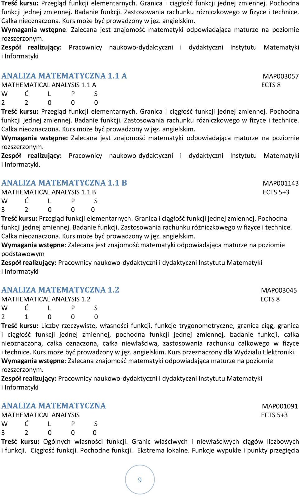 Zespół realizujący: Pracownicy naukowo-dydaktyczni i dydaktyczni Instytutu Matematyki i Informatyki ANALIZA MATEMATYCZNA 1.1 A MAP003057 MATHEMATICAL ANALYSIS 1.