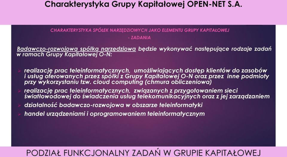 Kapitałowej O-N: realizację prac teleinformatycznych, umożliwiających dostęp klientów do zasobów i usług oferowanych przez spółki z Grupy Kapitałowej O-N oraz przez inne podmioty