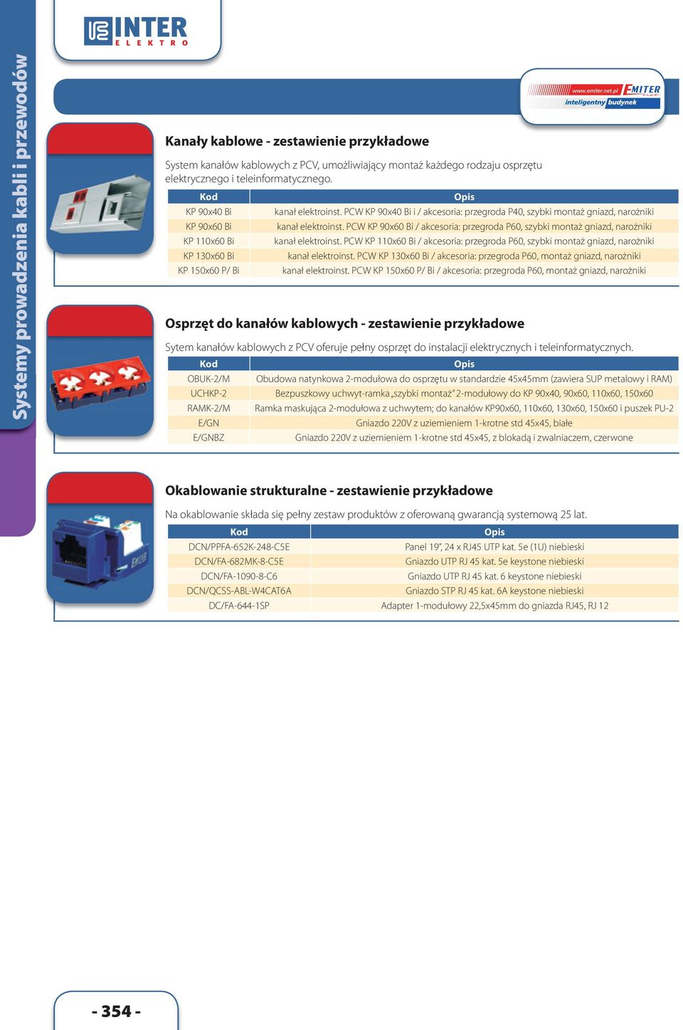 elektrycznych i teleinformatycznych. Kod OBUK-2/M UCHKP-2 RAMK-2/M E/GN E/GNBZ Opis kanał elektroinst. PCW KP 90x40 Bi i / akcesoria: przegroda P40, szybki montaż gniazd, narożniki kanał elektroinst.