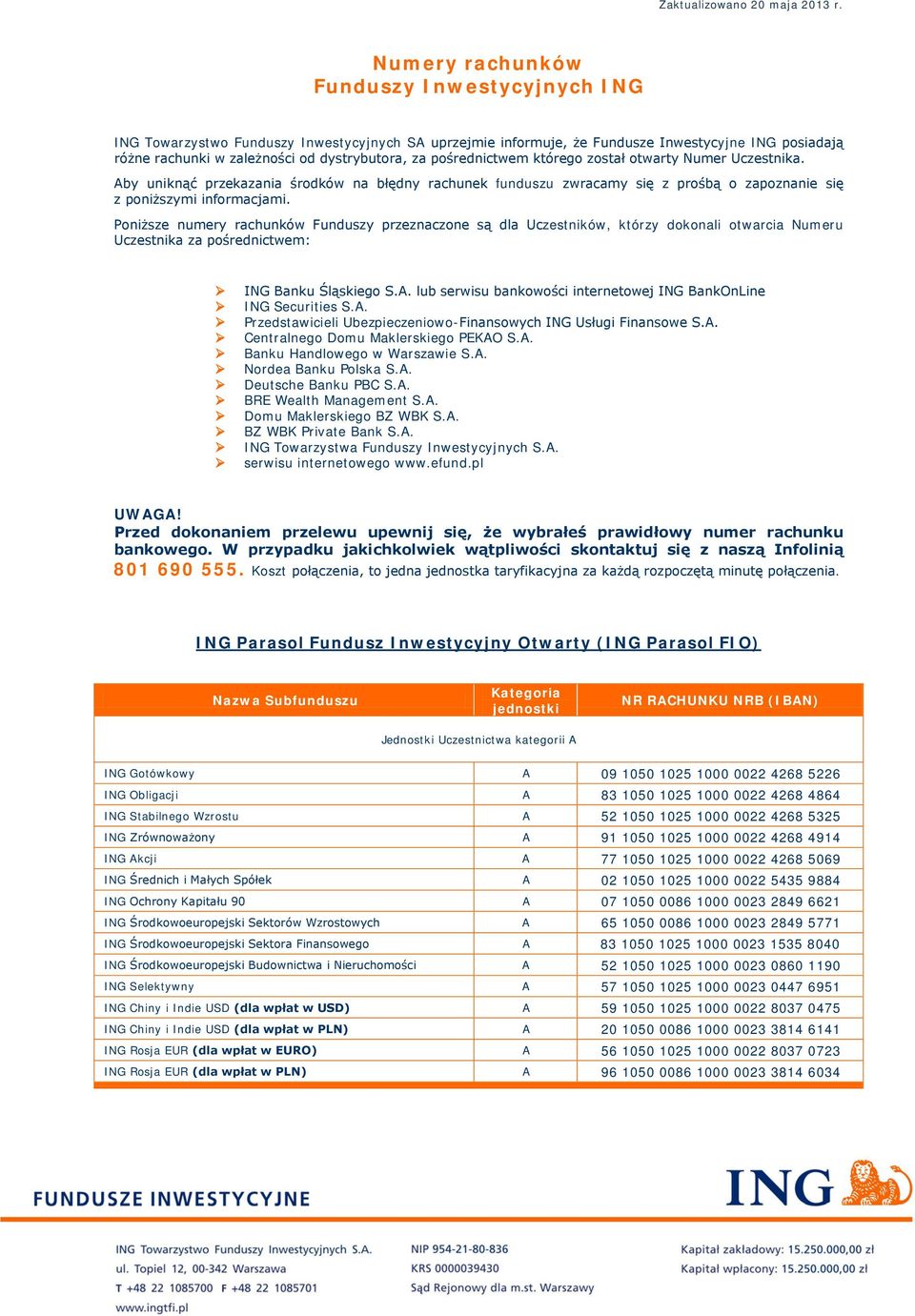 Poniższe numery rachunków Funduszy przeznaczone są dla Uczestników, którzy dokonali otwarcia Numeru Uczestnika za pośrednictwem: ING Banku Śląskiego S.A.