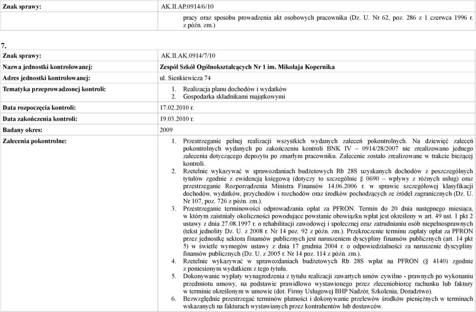 Gospodarka składnikami majątkowymi Data rozpoczęcia kontroli: 17.02.2010 r. Data zakończenia kontroli: 19.03.2010 r. Zalecenia pokontrolne: 1.