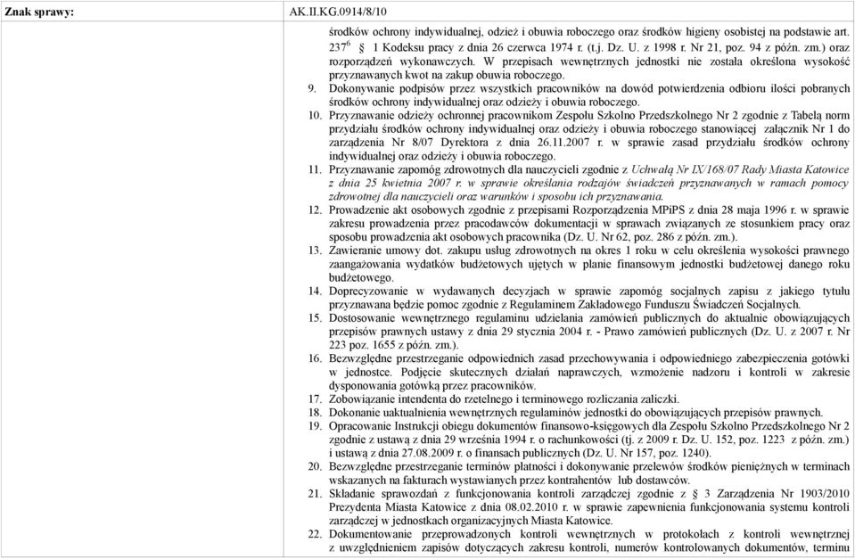 10. Przyznawanie odzieży ochronnej pracownikom Zespołu Szkolno Przedszkolnego Nr 2 zgodnie z Tabelą norm przydziału środków ochrony indywidualnej oraz odzieży i obuwia roboczego stanowiącej załącznik