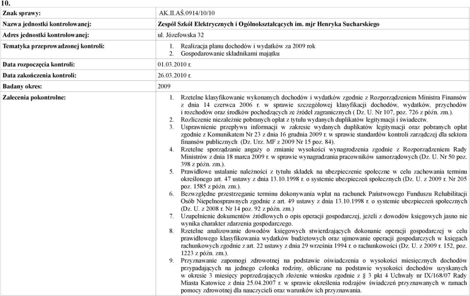 Data zakończenia kontroli: 26.03.2010 r. Zalecenia pokontrolne: 1. Rzetelne klasyfikowanie wykonanych dochodów i wydatków zgodnie z Rozporządzeniem Ministra Finansów z dnia 14 czerwca 2006 r.