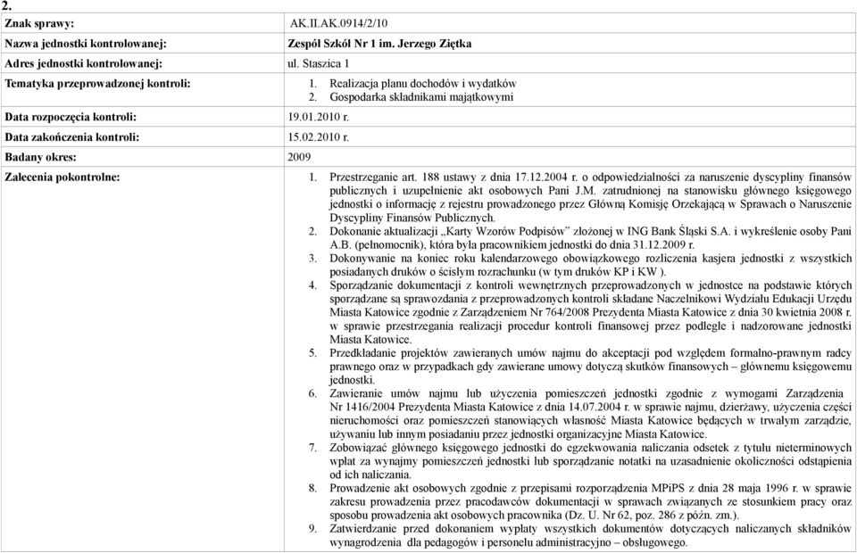 Przestrzeganie art. 188 ustawy z dnia 17.12.2004 r. o odpowiedzialności za naruszenie dyscypliny finansów publicznych i uzupełnienie akt osobowych Pani J.M.