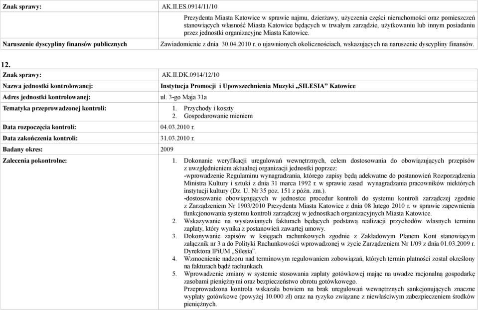 będących w trwałym zarządzie, użytkowaniu lub innym posiadaniu przez jednostki organizacyjne Miasta Katowice. Zawiadomienie z dnia 30.04.2010 r.