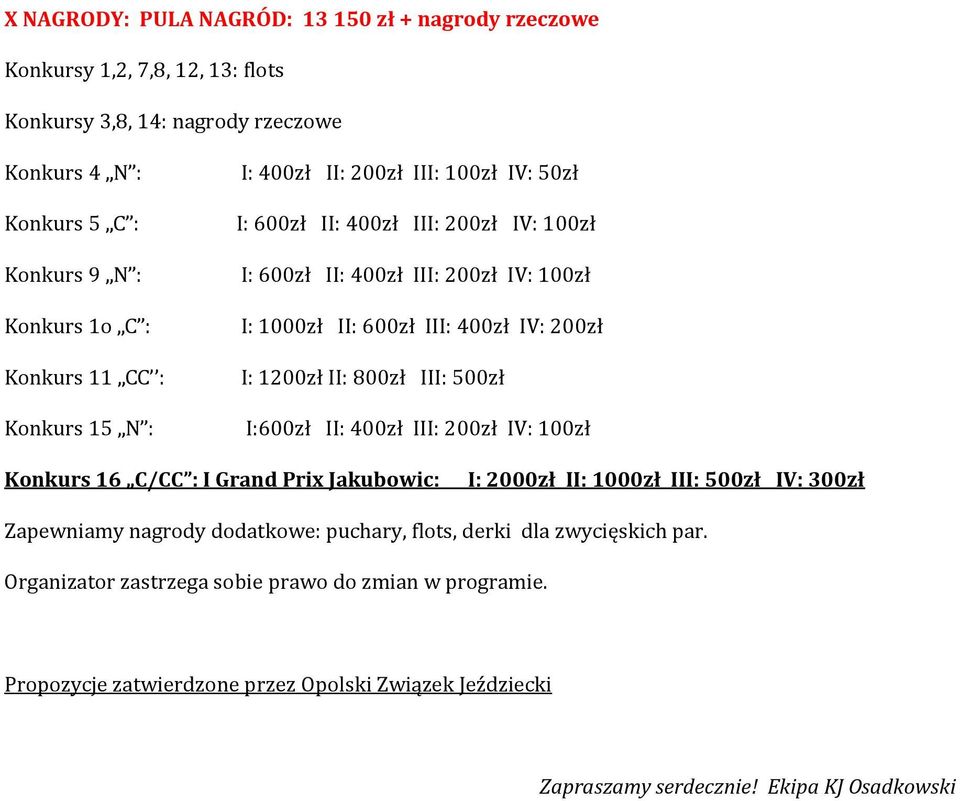 1200zł II: 800zł III: 500zł I:600zł II: 400zł III: 200zł IV: 100zł Konkurs 16 C/CC : I Grand Prix Jakubowic: I: 2000zł II: 1000zł III: 500zł IV: 300zł Zapewniamy nagrody dodatkowe: