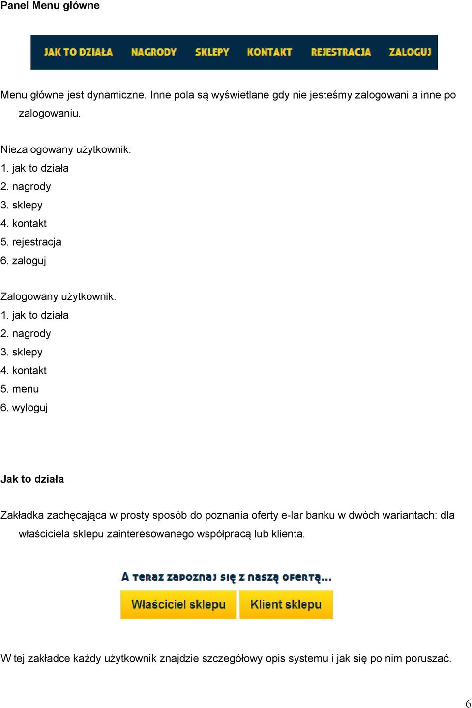 wyloguj Jak to działa Zakładka zachęcająca w prosty sposób do poznania oferty e-lar banku w dwóch wariantach: dla właściciela sklepu