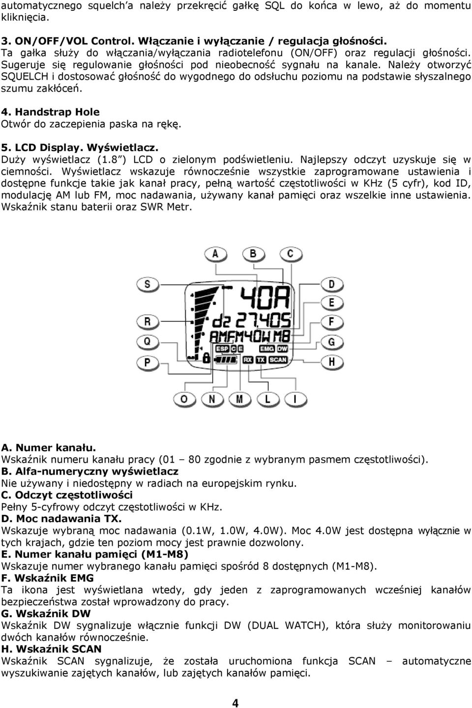 Należy otworzyć SQUELCH i dostosować głośność do wygodnego do odsłuchu poziomu na podstawie słyszalnego szumu zakłóceń. 4. Handstrap Hole Otwór do zaczepienia paska na rękę. 5. LCD Display.