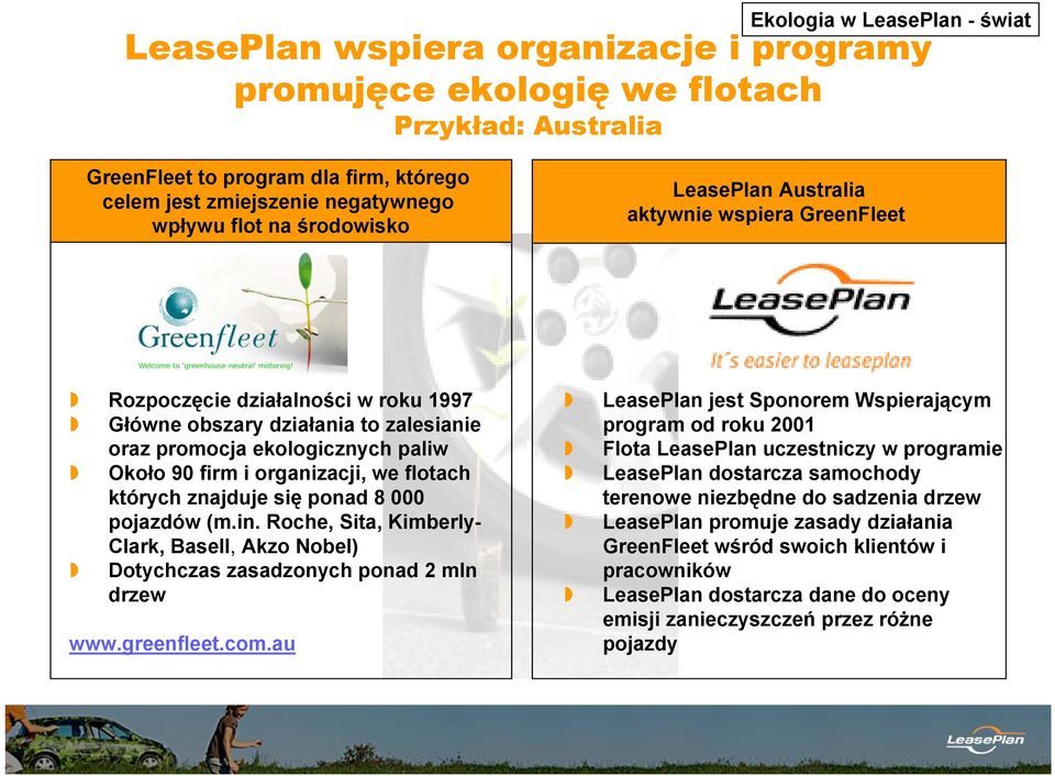 organizacji, we flotach których znajduje się ponad 8 000 pojazdów (m.in. Roche, Sita, Kimberly- Clark, Basell, Akzo Nobel) Dotychczas zasadzonych ponad 2 mln drzew www.greenfleet.com.