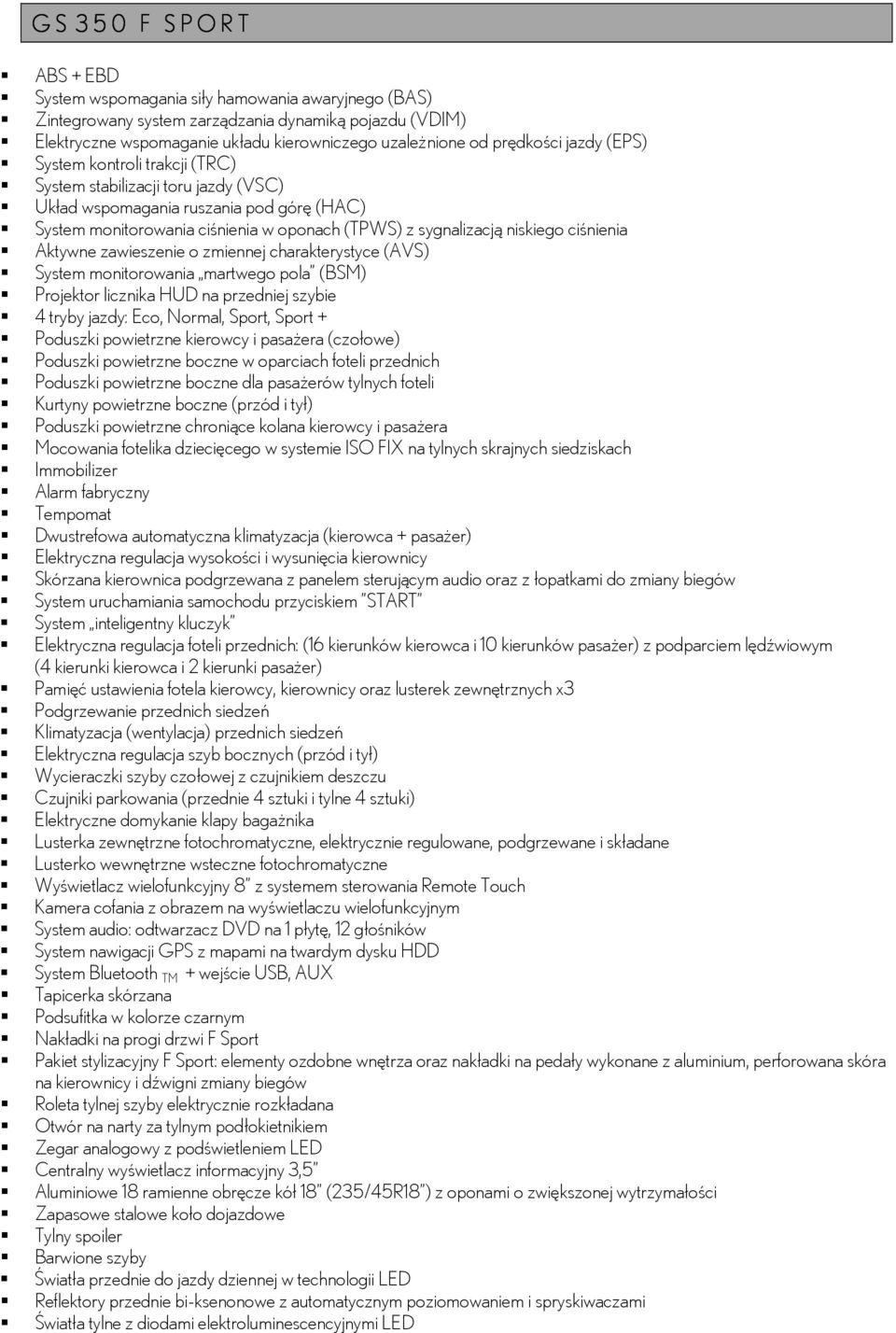 niskiego ciśnienia Aktywne zawieszenie o zmiennej charakterystyce (AVS) System monitorowania martwego pola (BSM) Projektor licznika HUD na przedniej szybie 4 tryby jazdy: Eco, Normal, Sport, Sport +