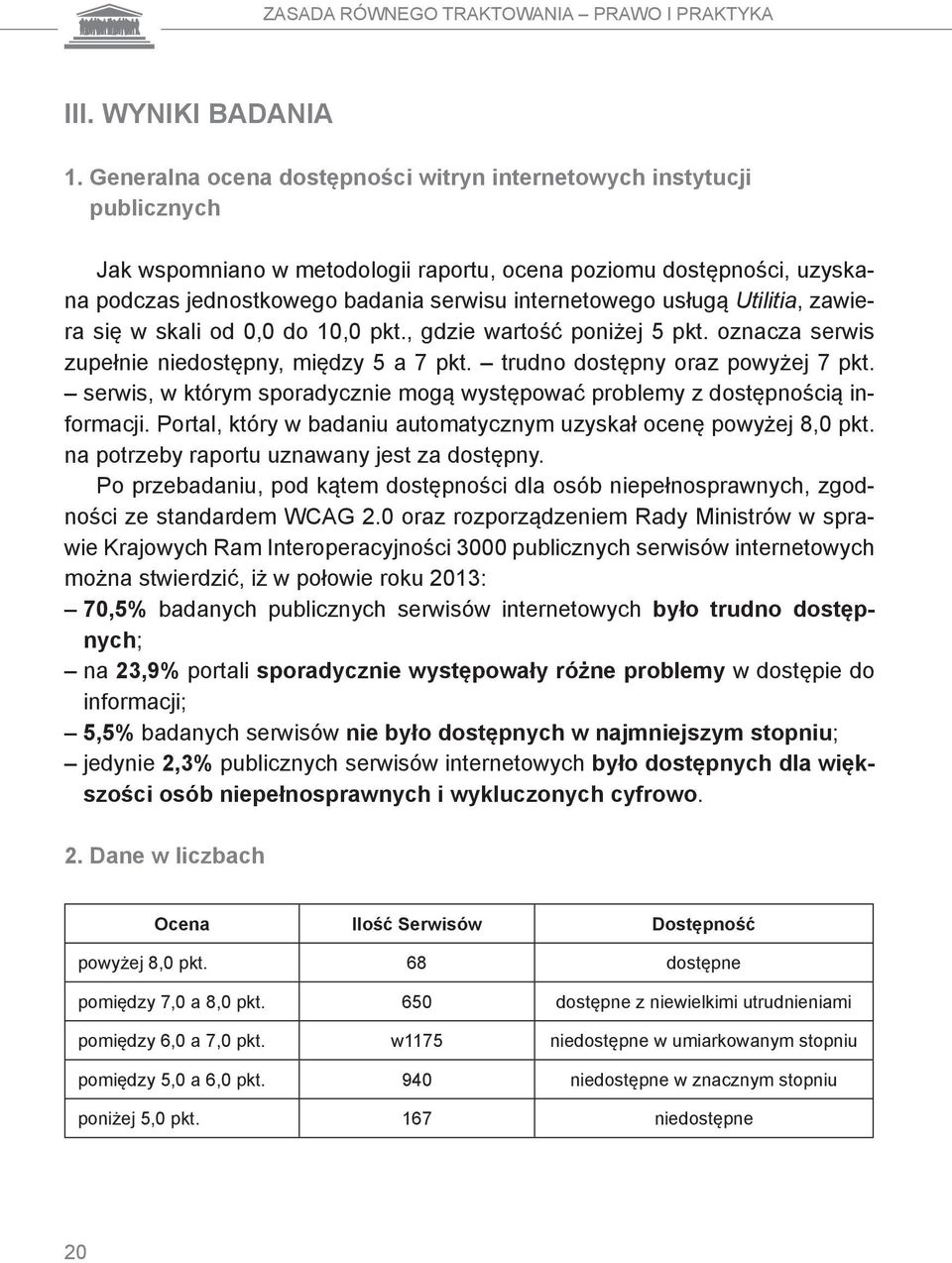 usługą Utilitia, zawiera się w skali od 0,0 do 10,0 pkt., gdzie wartość poniżej 5 pkt. oznacza serwis zupełnie niedostępny, między 5 a 7 pkt. trudno dostępny oraz powyżej 7 pkt.