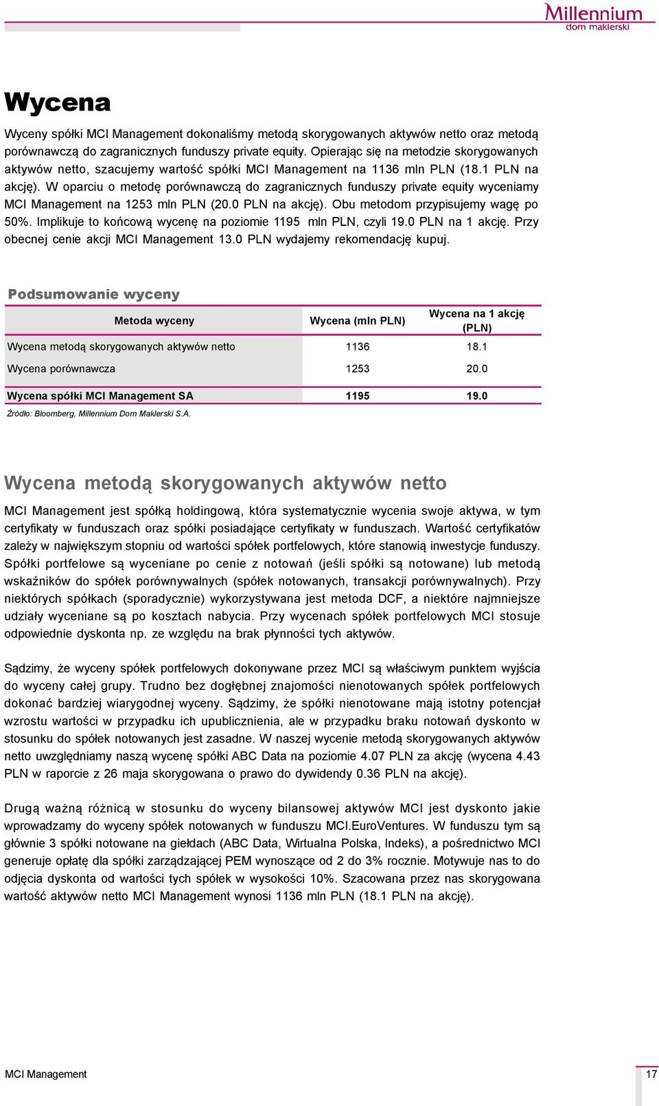 W oparciu o metodę porçwnawczą do zagranicznych funduszy private equity wyceniamy na 1253 mln PLN (20.0 PLN na akcję). Obu metodom przypisujemy wagę po 50%.