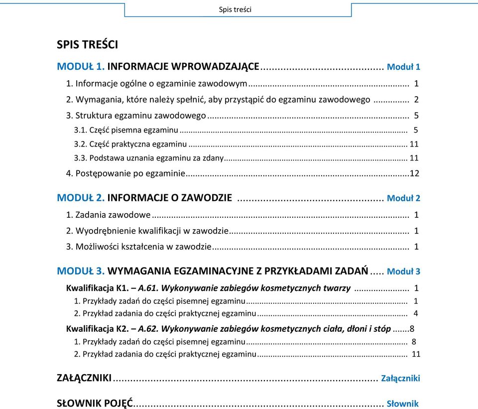 INFORMACJE O ZAWODZIE... Moduł 2 1. Zadania zawodowe... 1 2. Wyodrębnienie kwalifikacji w zawodzie... 1 3. Możliwości kształcenia w zawodzie... 1 MODUŁ 3. WYMAGANIA EGZAMINACYJNE Z PRZYKŁADAMI ZADAO.