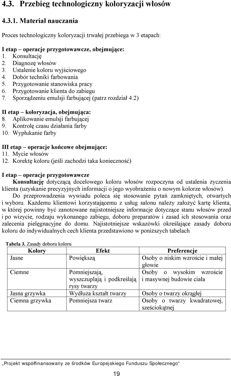 2) II etap koloryzacja, obejmująca: 8. Aplikowanie emulsji farbującej 9. Kontrolę czasu działania farby 10. Wypłukanie farby III etap operacje końcowe obejmujące: 11. Mycie włosów 12.