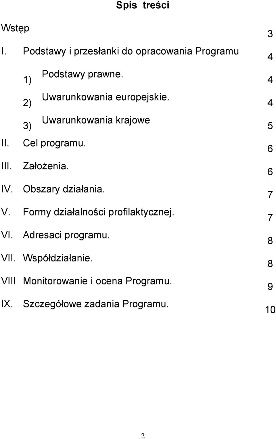 Obszary działania. V. Formy działalności profilaktycznej. VI. Adresaci programu. VII.