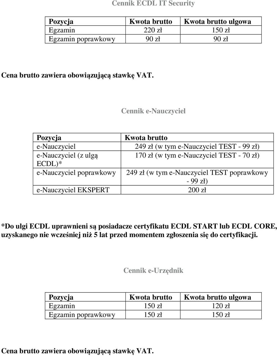 TEST poprawkowy - 99 zł) 200 zł *Do ulgi ECDL uprawnieni są posiadacze certyfikatu ECDL START lub ECDL CORE, uzyskanego nie