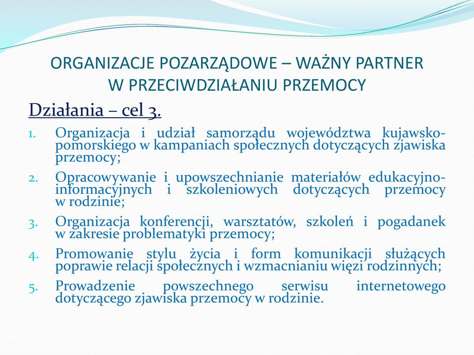 Opracowywanie i upowszechnianie materiałów edukacyjnoinformacyjnych i szkoleniowych dotyczących przemocy w rodzinie; 3.