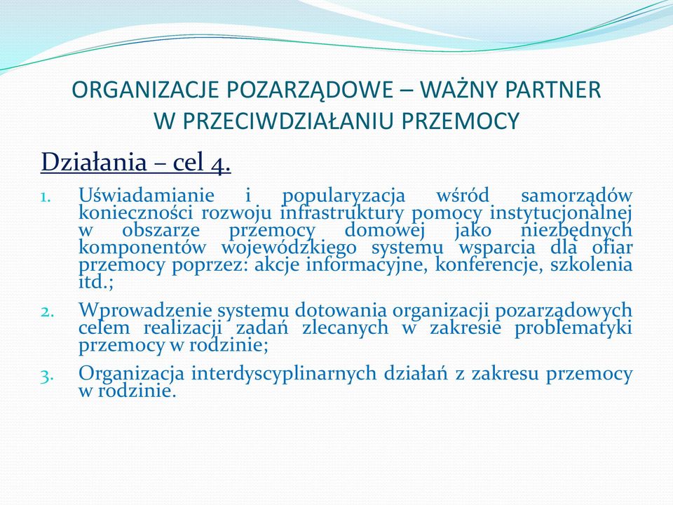 przemocy domowej jako niezbędnych komponentów wojewódzkiego systemu wsparcia dla ofiar przemocy poprzez: akcje informacyjne,