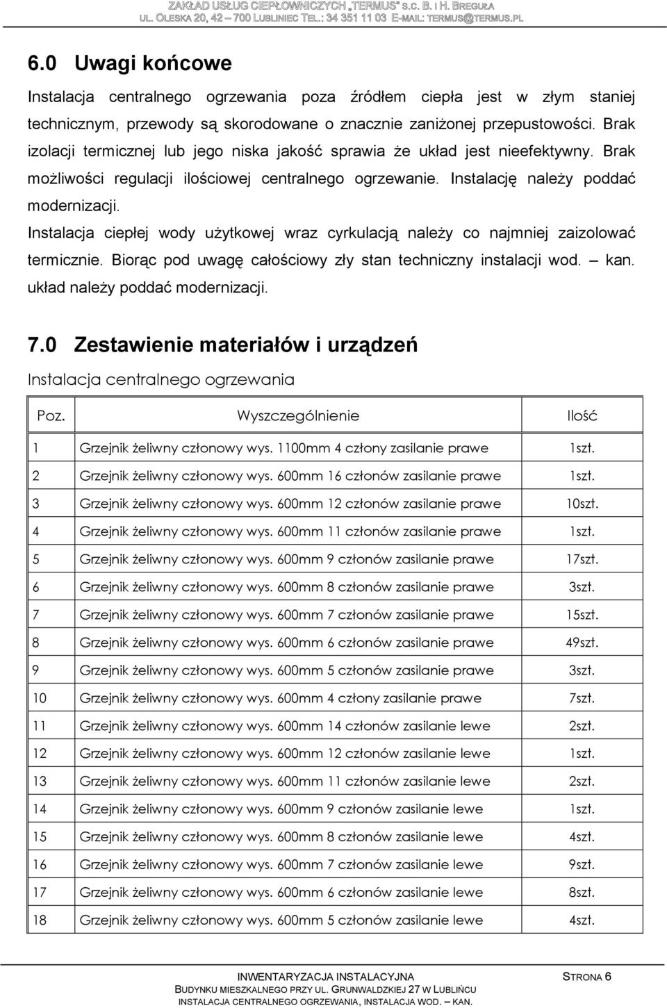 Instalacja ciepłej wody uŝytkowej wraz cyrkulacją naleŝy co najmniej zaizolować termicznie. Biorąc pod uwagę całościowy zły stan techniczny instalacji wod. kan. układ naleŝy poddać modernizacji. 7.