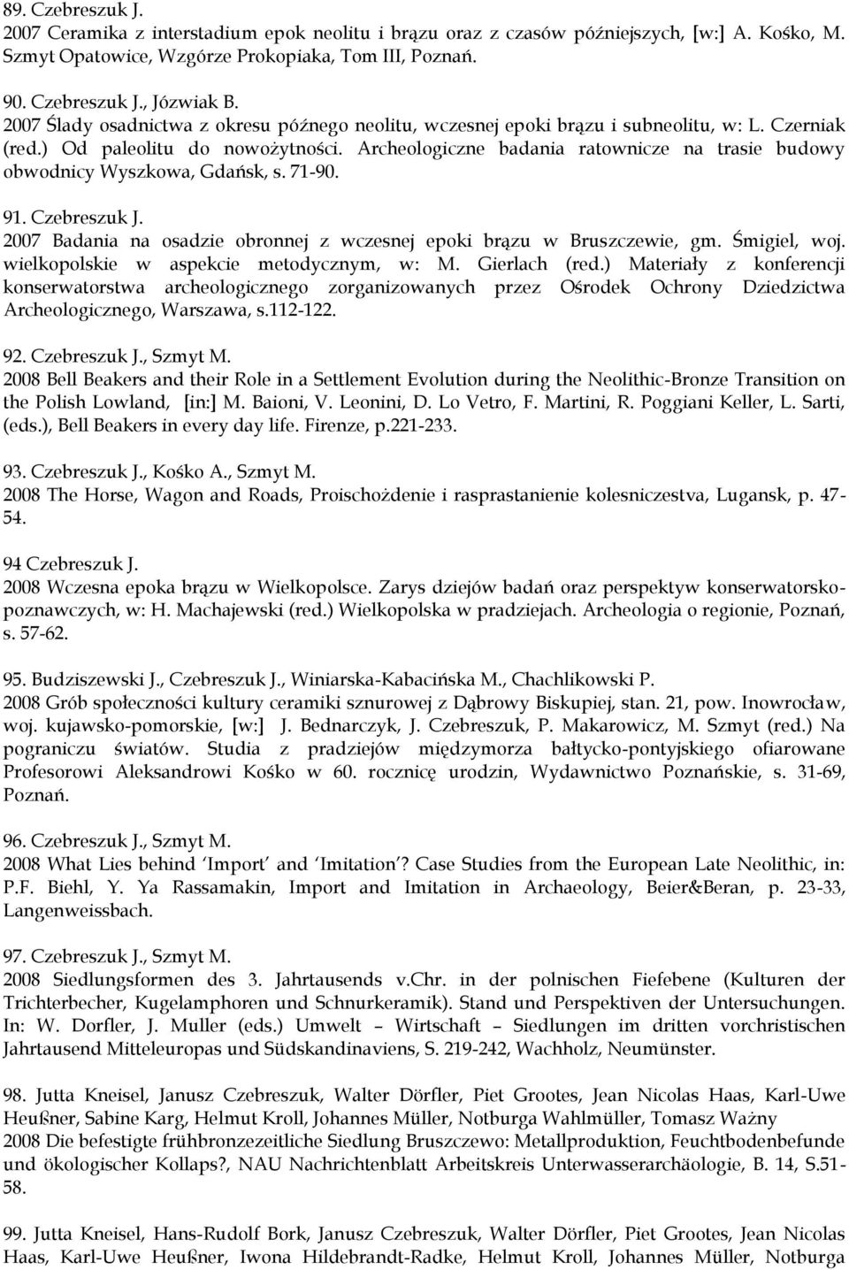 Archeologiczne badania ratownicze na trasie budowy obwodnicy Wyszkowa, Gdańsk, s. 71-90. 91. Czebreszuk J. 2007 Badania na osadzie obronnej z wczesnej epoki brązu w Bruszczewie, gm. Śmigiel, woj.