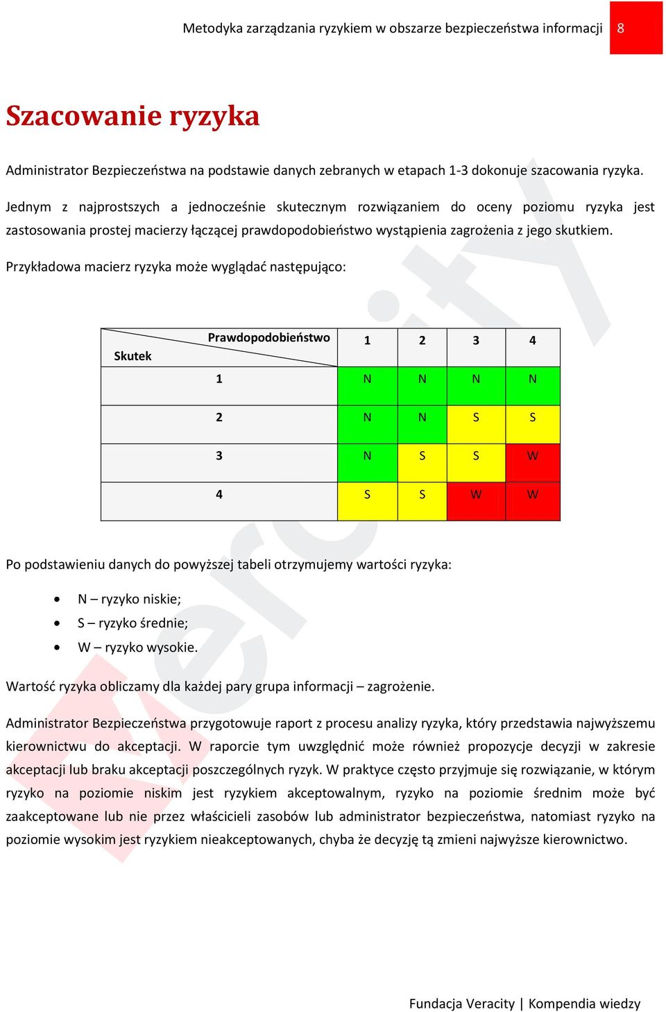 Przykładowa macierz ryzyka może wyglądać następująco: Skutek Prawdopodobieństwo 1 2 3 4 1 N N N N 2 N N S S 3 N S S W 4 S S W W Po podstawieniu danych do powyższej tabeli otrzymujemy wartości ryzyka: