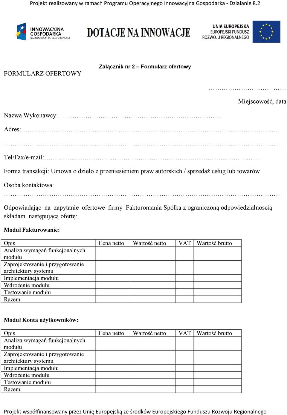 VAT Wartość brutto Analiza wymagań funkcjonalnych modułu Zaprojektowanie i przygotowanie architektury systemu Implementacja modułu Wdrożenie modułu Testowanie modułu Razem Moduł Konta użytkowników: