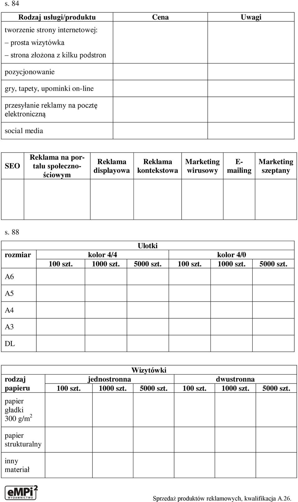 wirusowy E- mailing Marketing szeptany s. 88 Ulotki rozmiar kolor 4/4 kolor 4/0 100 szt. 1000 szt. 5000 szt.