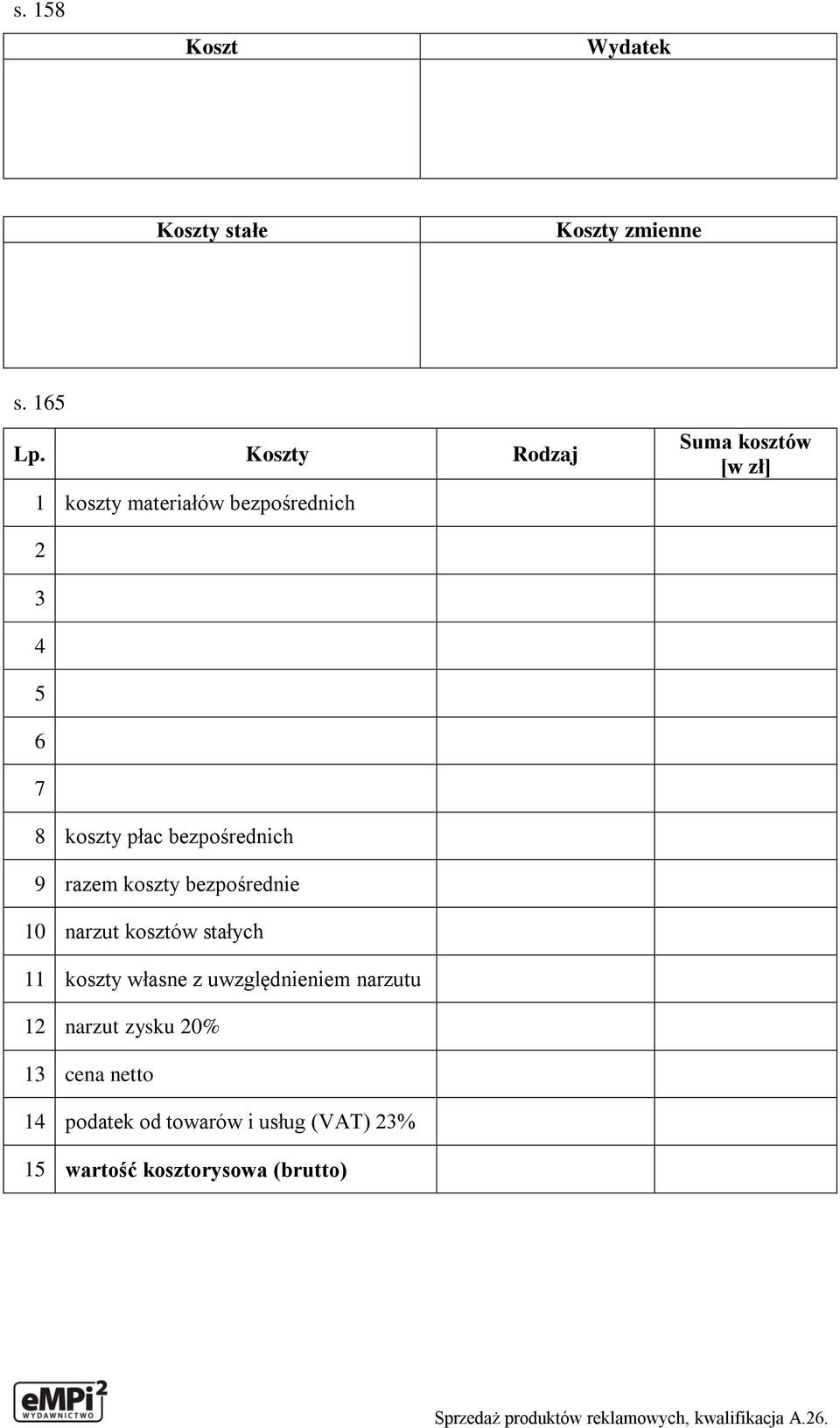 płac bezpośrednich 9 razem koszty bezpośrednie 10 narzut kosztów stałych 11 koszty własne z