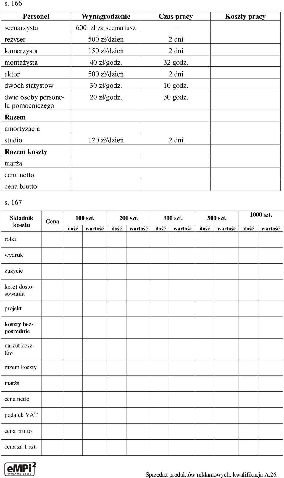 studio 120 zł/dzień 2 dni Razem koszty marża cena netto cena brutto s. 167 Składnik kosztu rolki wydruk Cena 100 szt. 200 szt. 300 szt. 500 szt. 1000 szt.