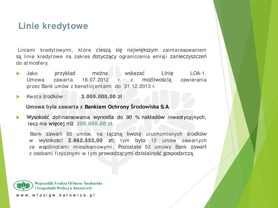 000,00 zł Umowa była zawarta z Bankiem Ochrony Środowiska S.A. Wysokość dofinansowania wynosiła do 90 % nakładów inwestycyjnych, lecz nie więcej niż 300.000,00 zł. Bank zawarł 65 umów, na łączną kwotę uruchomionych środków w wysokości 2.