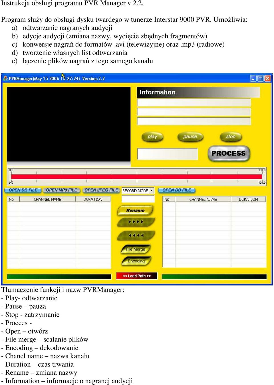 mp3 (radiowe) d) tworzenie własnych list odtwarzania e) łączenie plików nagrań z tego samego kanału Tłumaczenie funkcji i nazw PVRManager: - Play- odtwarzanie - Pause