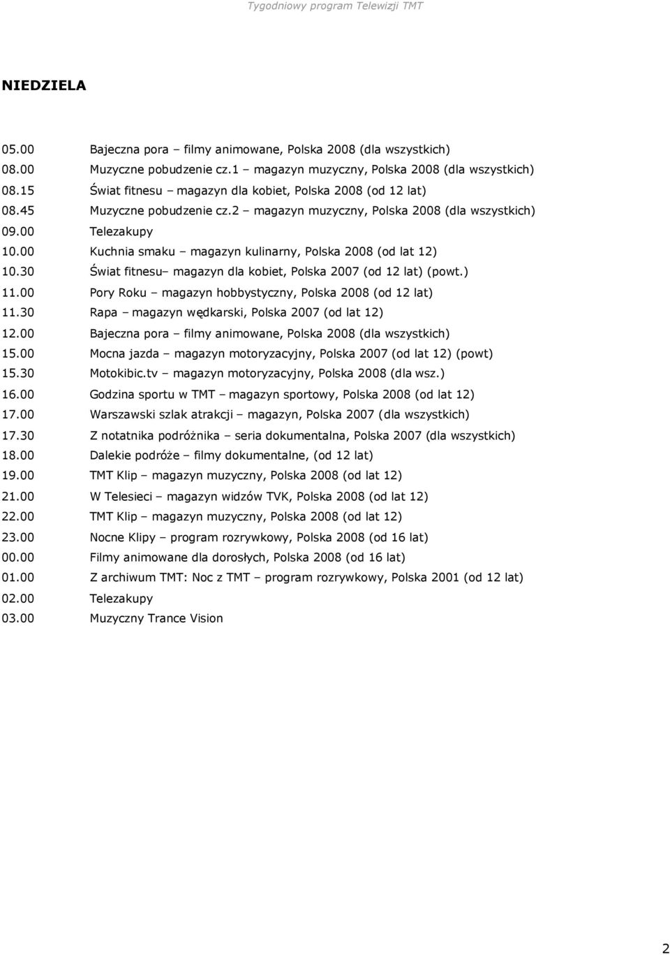 30 Motokibic.tv magazyn motoryzacyjny, Polska 2008 (dla wsz.) 16.00 Godzina sportu w TMT magazyn sportowy, Polska 2008 (od lat 12) 17.