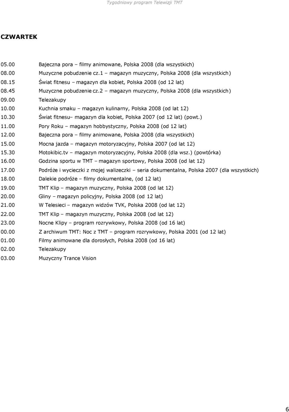 ) (powtórka) 16.00 Godzina sportu w TMT magazyn sportowy, Polska 2008 (od lat 12) 17.00 Podróże i wycieczki z mojej walizeczki seria dokumentalna, Polska 2007 (dla wszystkich) 18.