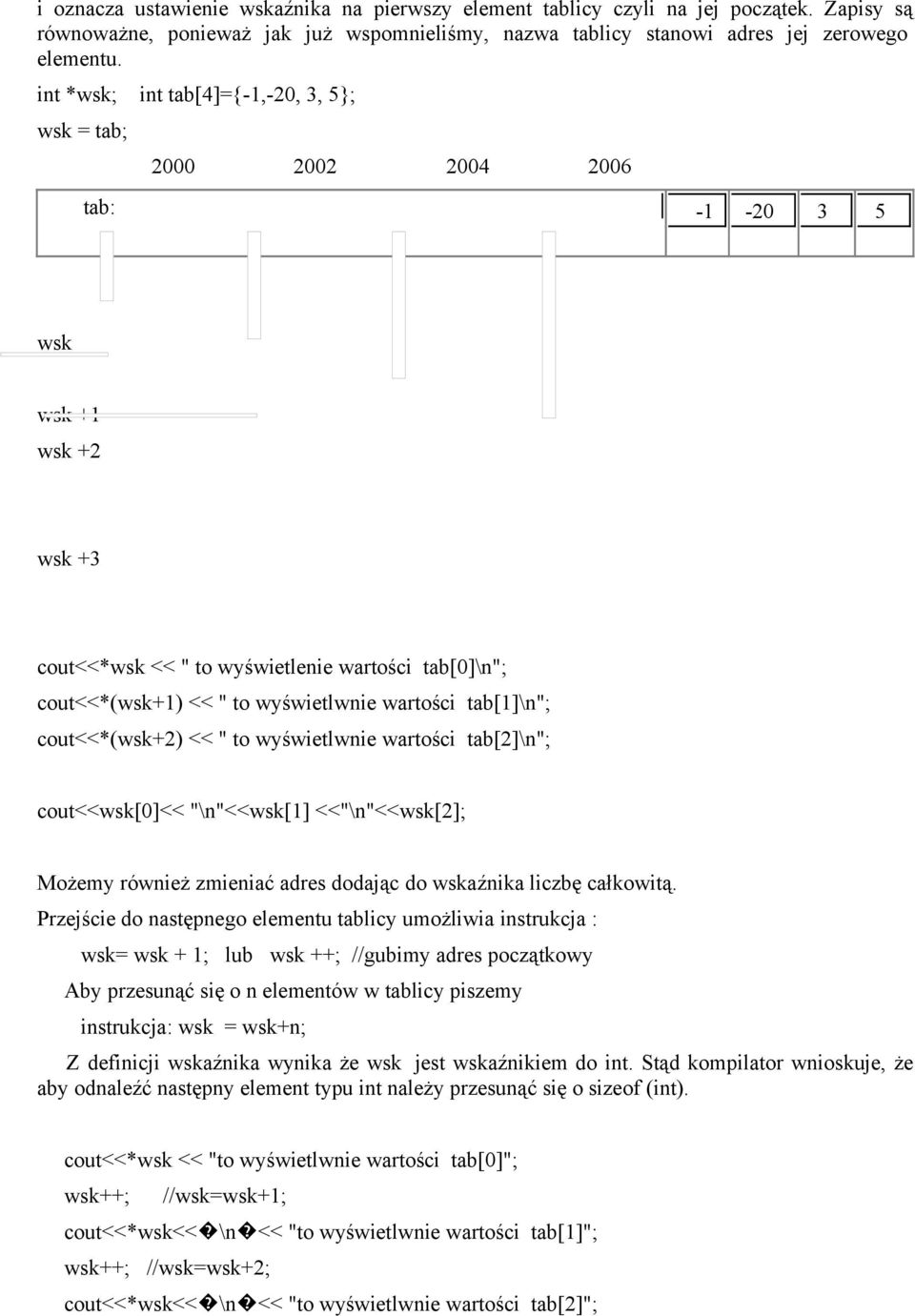 tab[1]\n"; cout<<*(wsk+2) << " to wyświetlwnie wartości tab[2]\n"; cout<<wsk[0]<< "\n"<<wsk[1] <<"\n"<<wsk[2]; Możemy również zmieniać adres dodając do wskaźnika liczbę całkowitą.