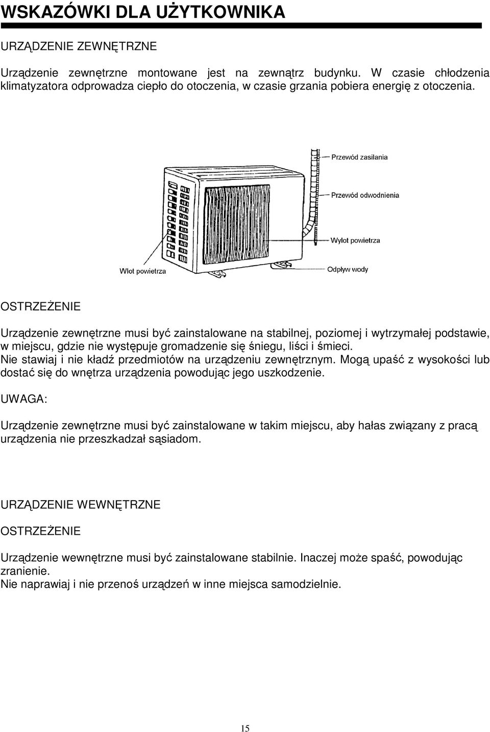 OSTRZEśENIE Urządzenie zewnętrzne musi być zainstalowane na stabilnej, poziomej i wytrzymałej podstawie, w miejscu, gdzie nie występuje gromadzenie się śniegu, liści i śmieci.