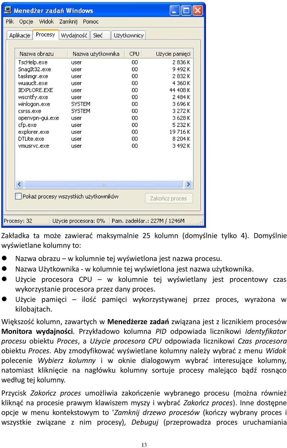 Użycie pamięci ilość pamięci wykorzystywanej przez proces, wyrażona w kilobajtach. Większość kolumn, zawartych w Menedżerze zadań związana jest z licznikiem procesów Monitora wydajności.