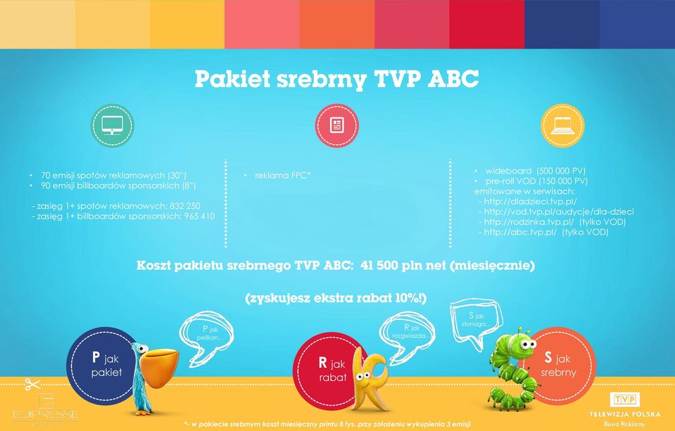 pl/ - http://vod.tvp.pl/audycje/dla-dzieci - http://rodzinka.tvp.pl/ (tylko VOD) - http://abc.tvp.pl/ (tylko VOD) Koszt pakietu srebrnego TVP ABC: 41 500 pln net (miesięcznie) (zyskujesz ekstra rabat 10%!