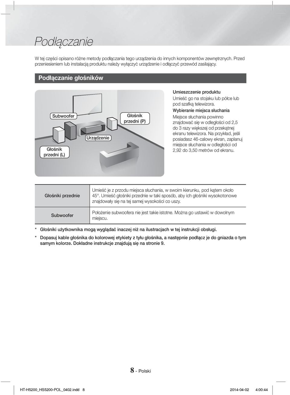 Podłączanie głośników Subwoofer Głośnik przedni (L) Urządzenie Głośnik przedni (P) Umieszczenie produktu Umieść go na stojaku lub półce lub pod szafką telewizora.