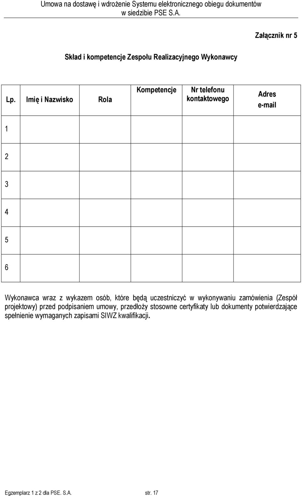 wykazem osób, które będą uczestniczyć w wykonywaniu zamówienia (Zespół projektowy) przed podpisaniem