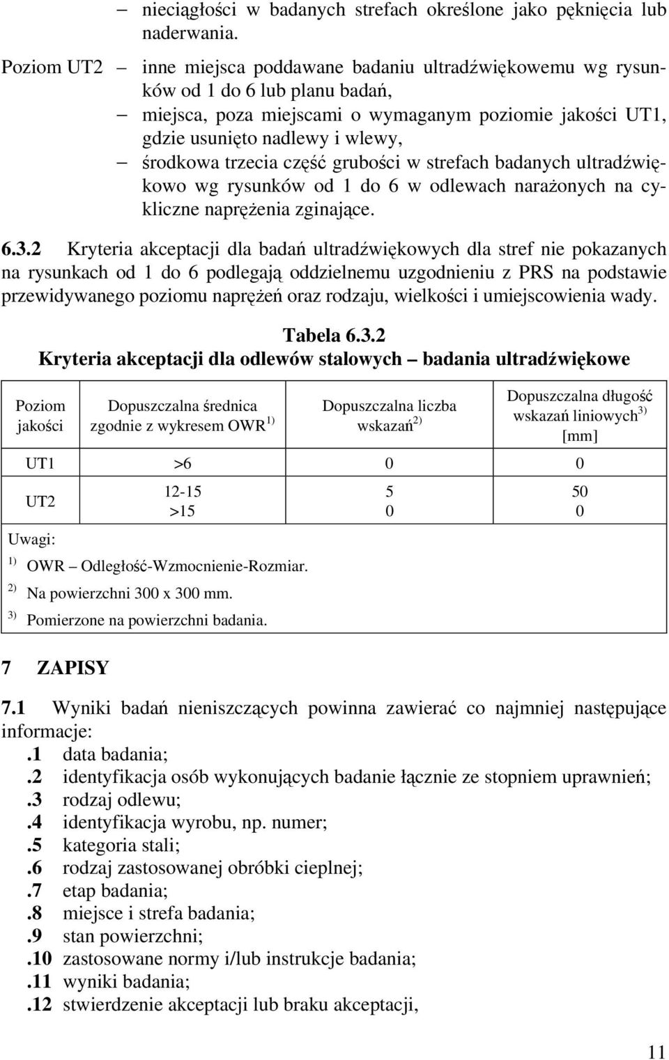 trzecia część grubości w strefach badanych ultradźwiękowo wg rysunków od 1 do 6 w odlewach narażonych na cykliczne naprężenia zginające. 6.3.