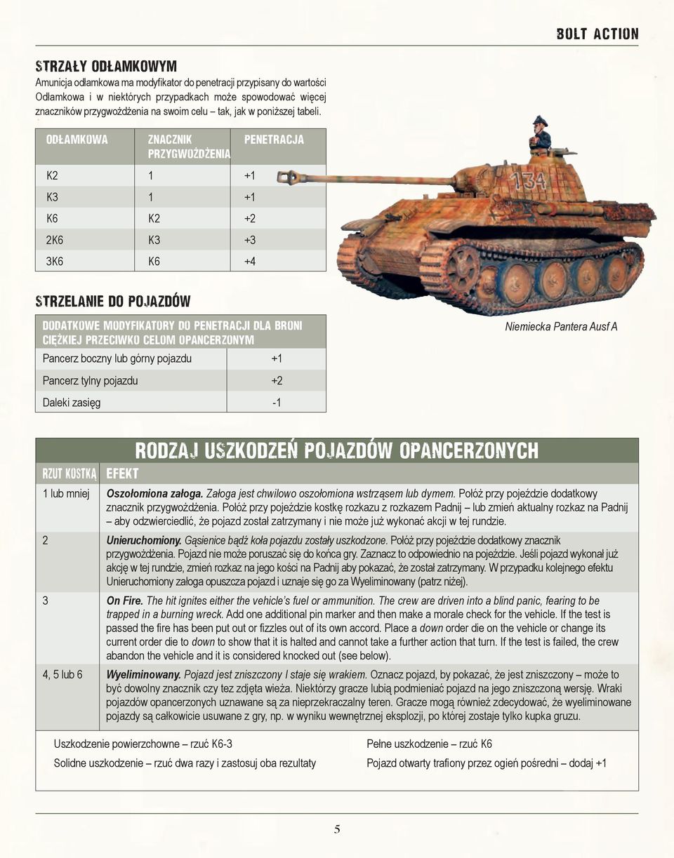 Odłamkowa Znacznik Penetracja przygwożdżenia K2 1 +1 K3 1 +1 K6 K2 +2 2K6 K3 +3 3K6 K6 +4 STRZELANIE DO POJAZDÓW Dodatkowe modyfikatory do penetracji dla broni ciężkiej przeciwko celom opancerzonym