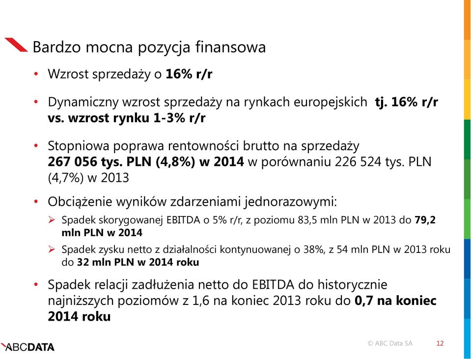 PLN (4,7%) w 2013 Obciążenie wyników zdarzeniami jednorazowymi: Spadek skorygowanej EBITDA o 5% r/r, z poziomu 83,5 mln PLN w 2013 do 79,2 mln PLN w 2014 Spadek