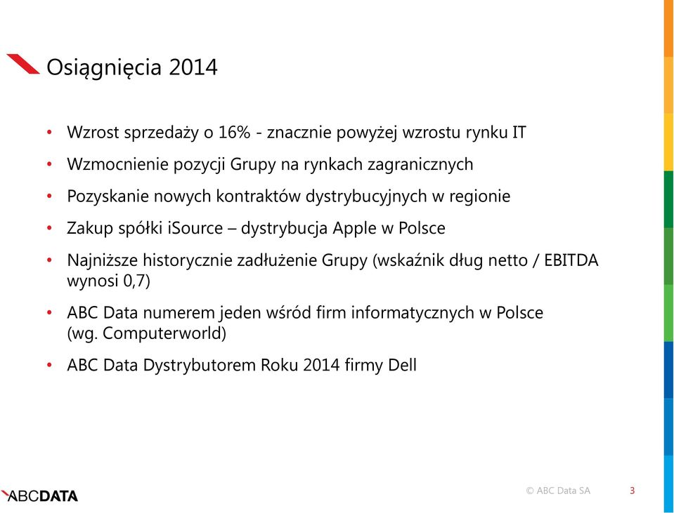 dystrybucja Apple w Polsce Najniższe historycznie zadłużenie Grupy (wskaźnik dług netto / EBITDA wynosi 0,7)