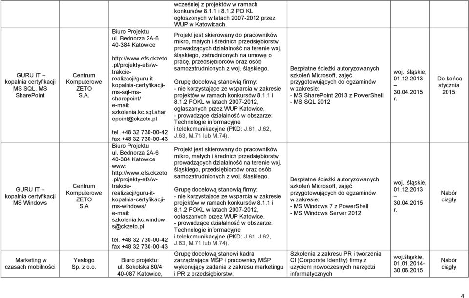 pl tel. +48 32 730-00-42 fax +48 32 730-00-43 Biuro Projektu ul. Bednorza 2A-6 40-384 Katowice www: http://www.efs.ckzeto.