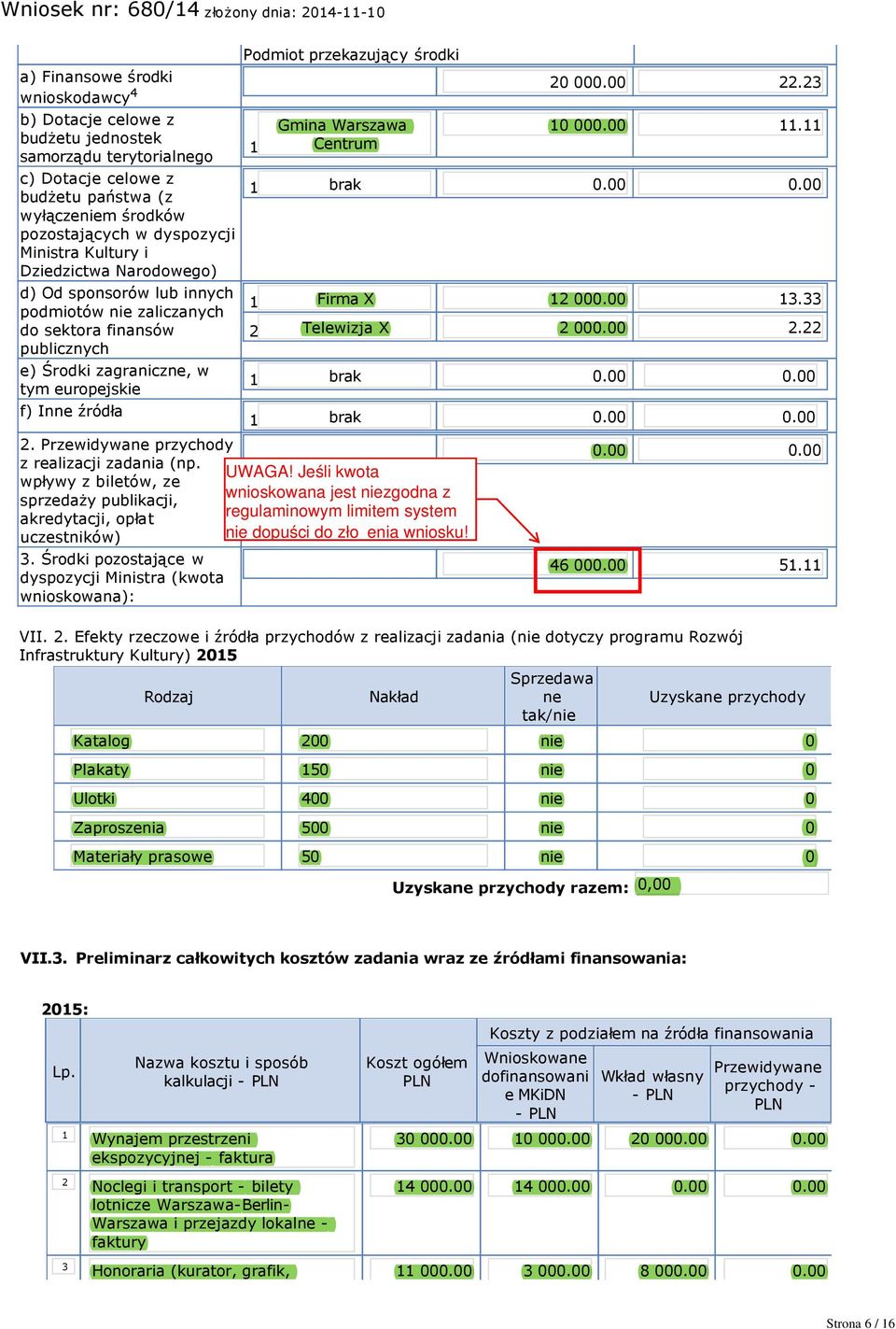 Narodowego) d) Od sponsorów lub innych podmiotów nie zaliczanych do sektora finansów publicznych e) Środki zagraniczne, w tym europejskie f) Inne źródła 2.