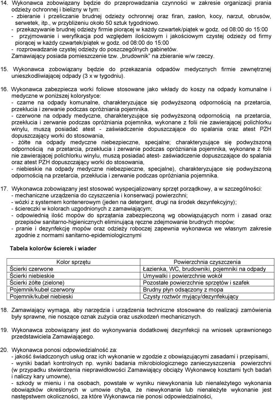 od 08:00 do 15:00 - przyjmowanie i weryfikacja pod względem ilościowym i jakościowym czystej odzieży od firmy piorącej w każdy czwartek/piątek w godz.