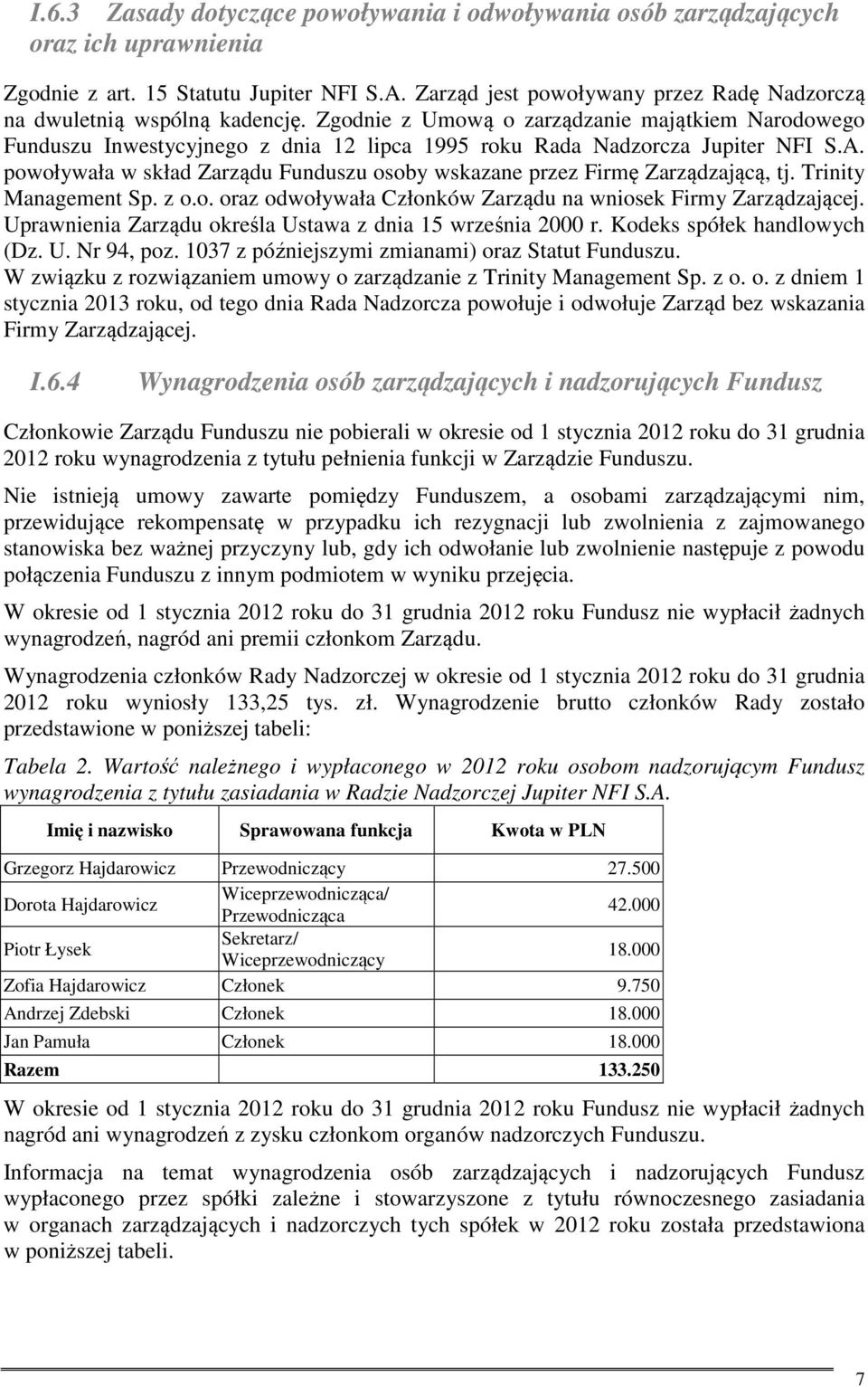Zgodnie z Umową o zarządzanie majątkiem Narodowego Funduszu Inwestycyjnego z dnia 12 lipca 1995 roku Rada Nadzorcza Jupiter NFI S.A.