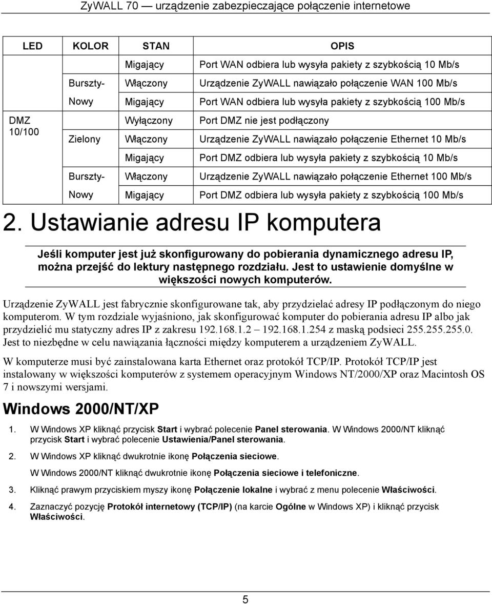 szybkością 10 Mb/s Burszty- Włączony Urządzenie ZyWALL nawiązało połączenie Ethernet 100 Mb/s Nowy Migający Port DMZ odbiera lub wysyła pakiety z szybkością 100 Mb/s 2.